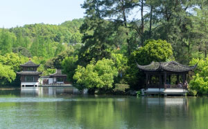 nature, water, trees, spring, summer, pavilions, lake, park