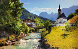 house, bridge, water, alpine, architecture, buildings, church, landscape, nature, country, river, village