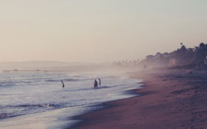beach, sea, coast, sand, ocean, horizon, people, sunrise, sunset, mist, morning, shore, waves, dawn, dusk, evening, bay, water, wind