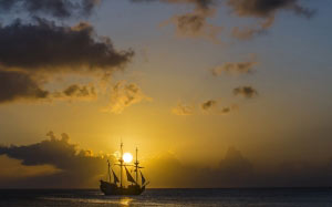 landscape, sea, ocean, water, nature, sunset, evening, ship, boat, vessel