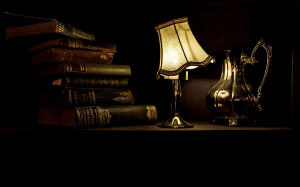 книги, свет, ночь, тьма, лампа, абажур, антиквариат, стол