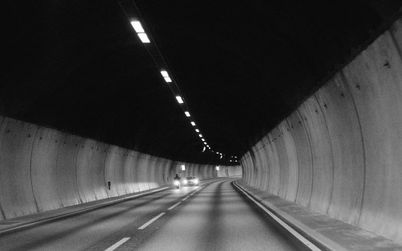 black and white, tunnel, road, path, car, motorcycle