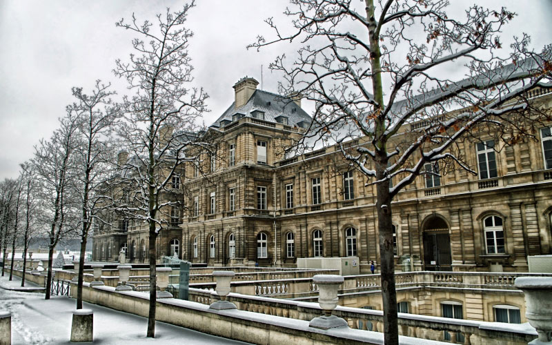 architecture, city, snow, winter, building, paris, cityscape, france, plaza, landmark, facade, historic, season, estate, palais du luxembourgh