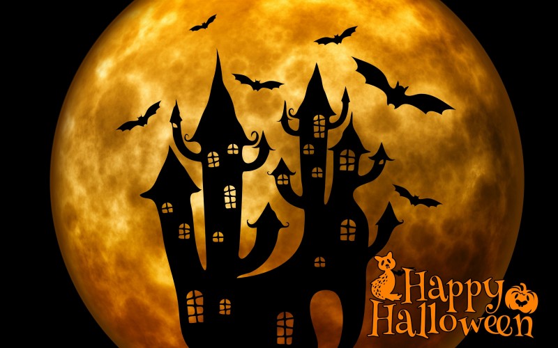 bats, haunted house, moon, halloween, holidays