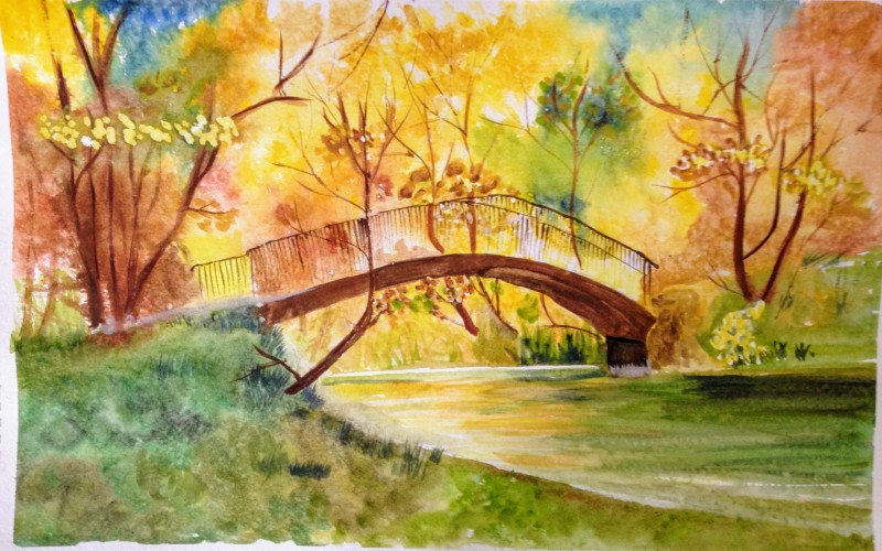 painting, art, maritess sulcer, watercolors, landscape, bridge, autumn, foliage