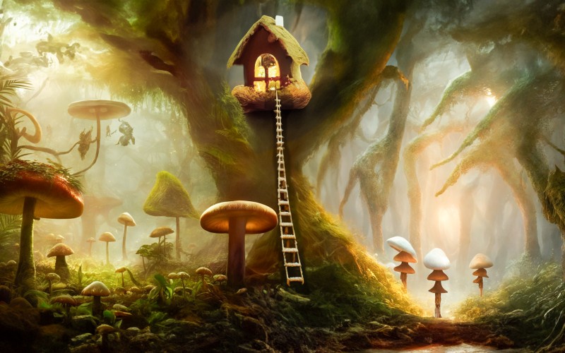 магия, грибы, лес, дом, природа, изобразительное искусство, художественный, деревья, илюстрация, мифология, вымышленный, сказочный, фэнтези