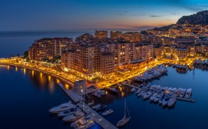 монако, город, городской пейзаж, порт, ночь, вечер, огни, море, лодки, берег моря