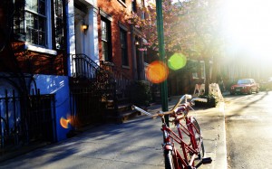 sunset, road, street, bike, new york, neighborhood, evening, vehicles, urban, city, houses, buildings