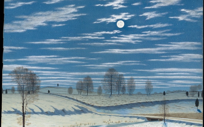 henry farrer, winter, moon, landscape, painting, art, watercolor, drawings, gouache