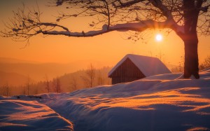 sunrise, carpathian national park, winter, snow, cabin, mountains, trees, landscape