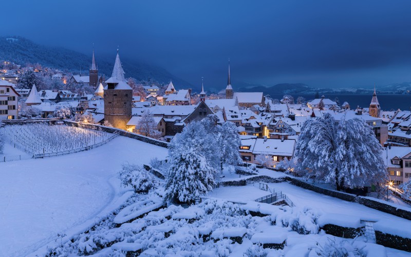 old town, town, city, zug, landscape, architecture, dark, evening, winter, snow, buildings