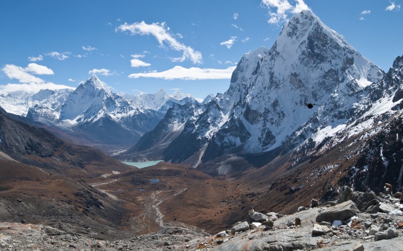 cholatse, ama dablam, peaks, glacial, lake, great himalayan range, mahalangur himal, chola valley, nepal, himalayas, landscape, nature, mountains