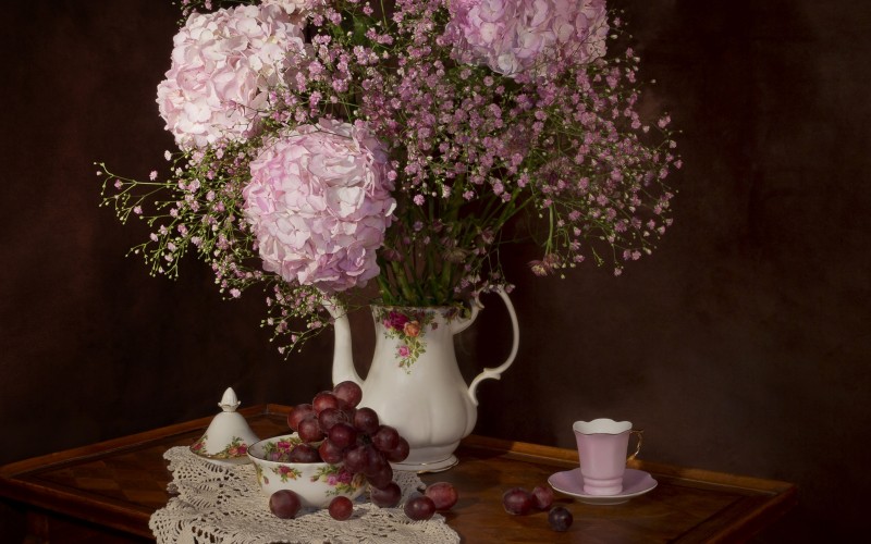 blossom, bloom, flowers, bouquet, spring, still life, hydrangea, floristry, food, drinks, grape, tea