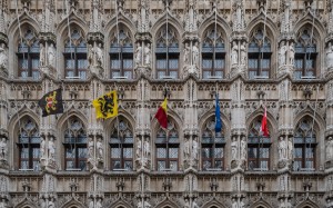 architecture, windows, town hall, leuven, flemish brabant, belgium, flags