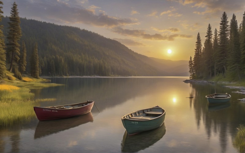 summer, nature, landscape, boats, lake, calm, water, sky, clouds, mountains, dusk, sunlight, bank, sunset, evening