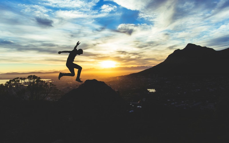 sea, coast, ocean, horizon, silhouette, mountains, sky, sunrise, sunset, sunlight, morning, dawn, jumping, dusk, evening