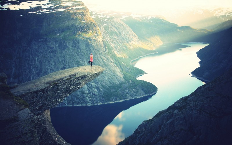 person, mountains, river, cliff, bay, sports, yoga, landform, aerial, man, people, woman, girl