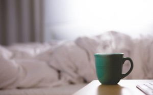 tea, morning, cup, ceramic, drink, coffee, table, bed, sheets