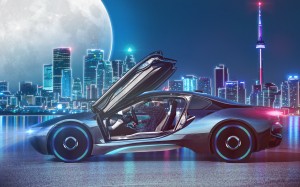speed, neon, tower, lights, moon, luminescence, bmw, bmw i8, cyberpunk, city, skyscrapers, car, vehicles, automotive, transport, sports car, computer, concept, performance, race car