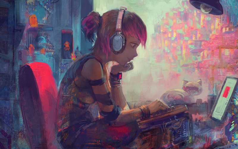 artwork, cyberpunk, painting, people, man, girl, technology