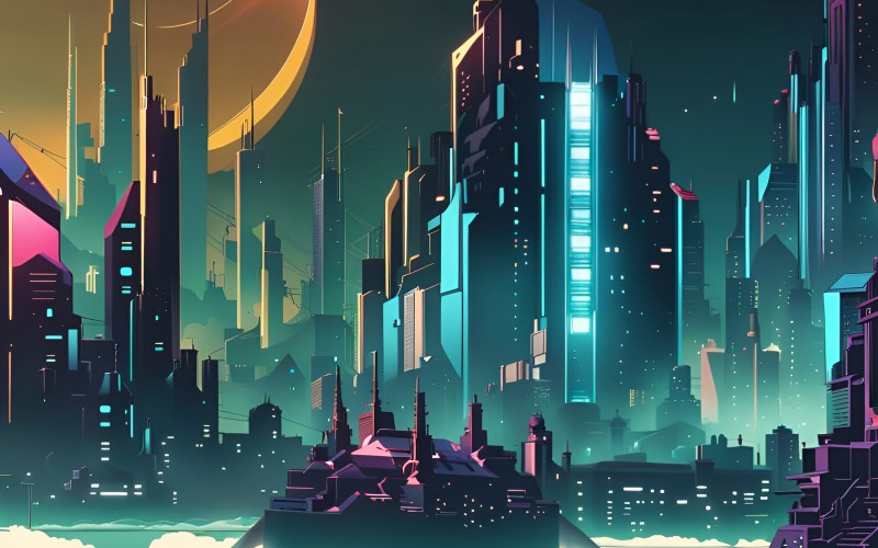 art, night, cyberpunk, city, technology, painting