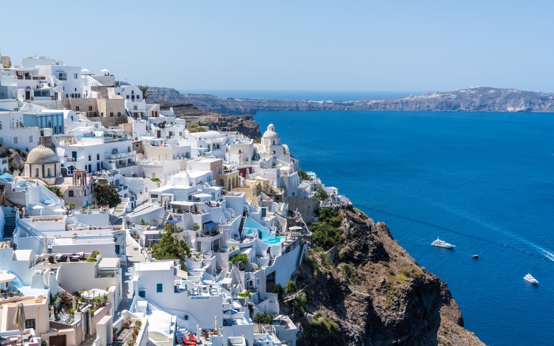 beach, sea, coast, water, ocean, mountains, architecture, town, city, vacation, village, europe, mediterranean, bay, island, marina, tourism, seashore, santorini, resort, houses, greece, aerial