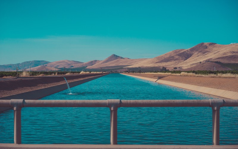 horizon, mountains, bridge, desert, canal, pool, reservoir, river