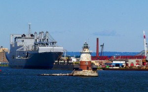 bay, lighthouse, harbor, shipyard, containers, cargo, ship, barge, cranes, water, blue sky, transportation, nautical vessel, pier, sea, dock, industry, industrial ship