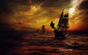 brown, galleon ship, illustration, ship, strom, sea, night, pirates, moon, clouds, sunset, water, clouds, transportation, nautical vessel, storm, seascape, strom