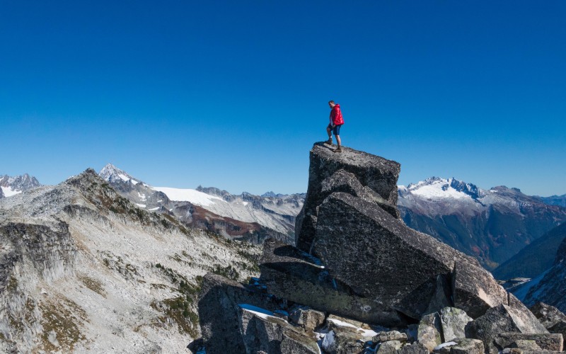 landscape, nature, sky, adventure, daylight, high, hike, mountains, mountain peak, outdoors, peak, rocks, scenic, top, mountain range, leisure activity, activity, standing, snow, hiking, winter, climbing, sports, people, snowcapped mountain, blue, man, men