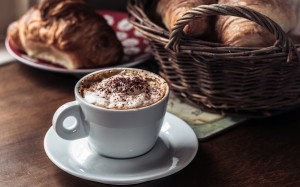 croissants, closeup, food, drink, coffee, cup, breakfast, cappuccino, brown, cafe, espresso, caffeine, heat, morning, latte, milk, saucer, mug, crockery, still life