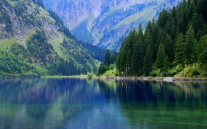 landscape, sea, trees, water, nature, forest, mountains, lake, valley, summer, reflection, alps