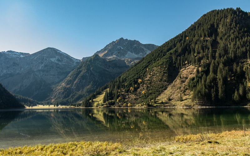 пейзаж, вода, природа, горы, озеро, долина, отражение, осень, альпийский, фьорд, высокогорье, австрия, альпы