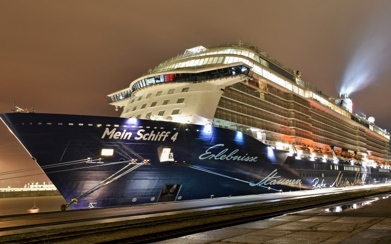 mein schiff 4, rostock, port, pier, night, cruise liner, ship, vehicles