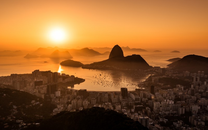 sunrise, rio de janeiro, sugarloaf mountain, tijuca park, landscape, cityscape, city, sea, ocean, coast, mountains