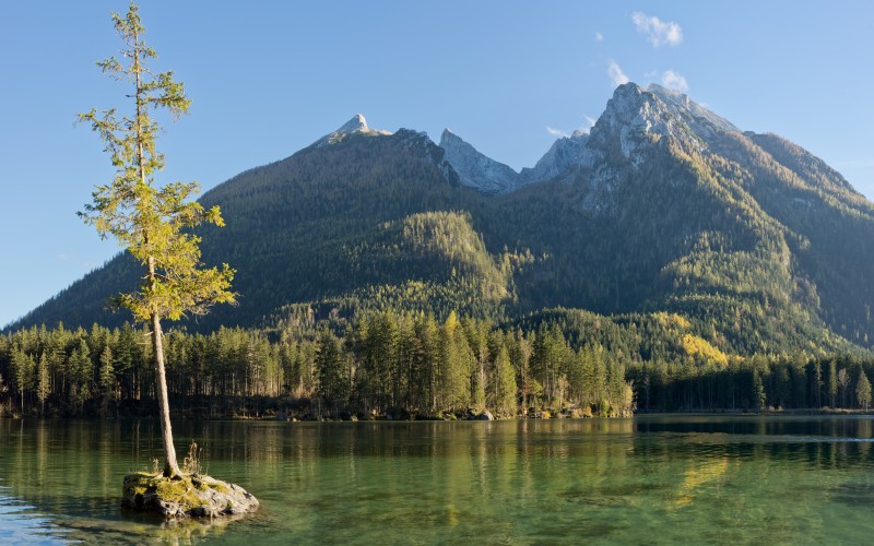 hintersee, hochkalter-mountains, berchtesgaden alps, alps, mountains, landscape, lake, forest, trees, autumn, fall, september, october