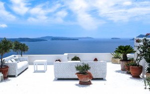 sea, sky, sunny, villa, home, vacation, cottage, south, terrace, santorini, resort, greece, ocean, water, view, seascape, architecture, nature, landscape