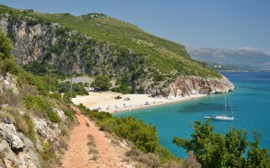 gjipe, beach, albania, summer, landscape, sea, ocean, shore, mountains, boat, sunny, gjipe