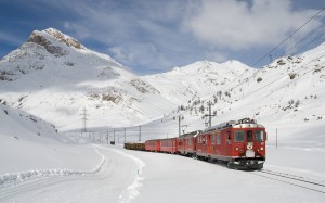 train, bernina, railway, vehicles, snow, landscape, winter, mountains, nature