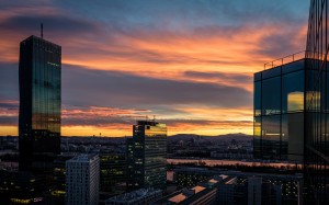 horizon, architecture, sky, sunrise, sunset, skyline, sunlight, morning, view, building, dawn, city, skyscrapers, urban, cityscape, downtown, dusk, evening, reflection, towers, office, modern, vienna, metropolis