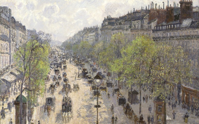 camille pissarro, boulevard montmartre, spring, painting, cityscape, oil, canvas, art, city, architecture, seasons