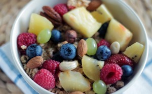 bowl, dish, meal, food, breakfast, healthy, dessert, cuisine, pineapple, cereal, nuts, blueberries, raspberries, fruits, vegetarian food, almonds, muesli, breakfast cereal, trail mix