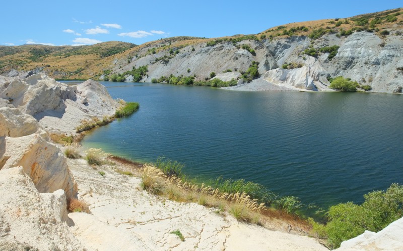 stones, shore, cliffs, river, lake, blue lake, central otago, landscape, nature, hills