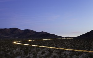 cars, headlights, dark, desert, landscape, evening, nature, road, joshua tree national park, highway
