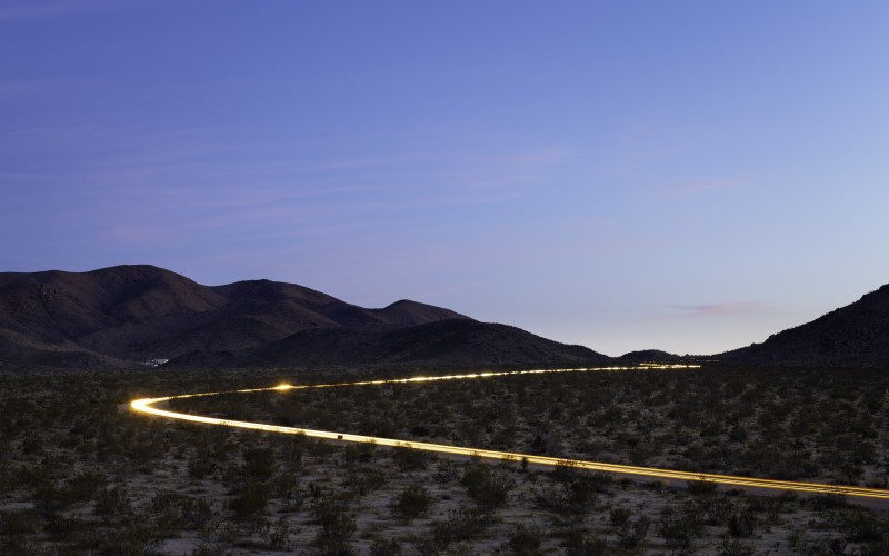 cars, headlights, dark, desert, landscape, evening, nature, road, joshua tree national park, highway