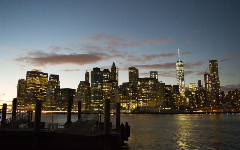 sea, coast, architecture, sky, night, evening, buildings, city, skyscrapers, urban, river, manhattan, new york, cityscape, downtown, brooklyn, nyc, usa, america, harbor, waterway
