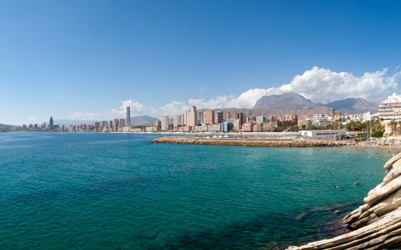 beach, landscape, sea, coast, water, sky, shore, town, city, panorama, summer, vacation, coastline, cliffs, seaside, europe, mediterranean, bay, tourism, spain, alicante, benidorm, cape, touristic