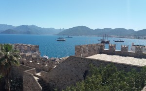 architecture, castle, palace, historic, old, marmaris castle, sea, ocean, coast, view, seascape, ships, summer, shore, cave, bay, mountains